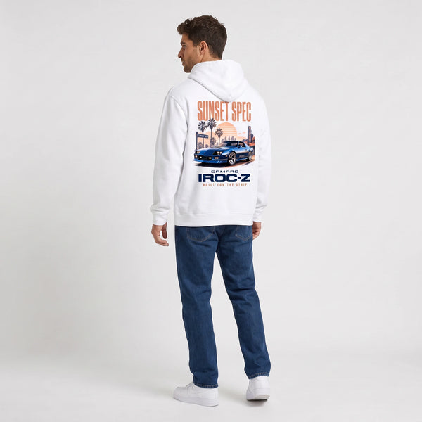 Sweat Chevrolet Camaro IROC-Z Sunset Spec blanc à capuche vu de dos