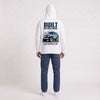 Sweat Toyota Land Cruiser FJ40 Built Beyond Roads blanc à capuche vu de dos