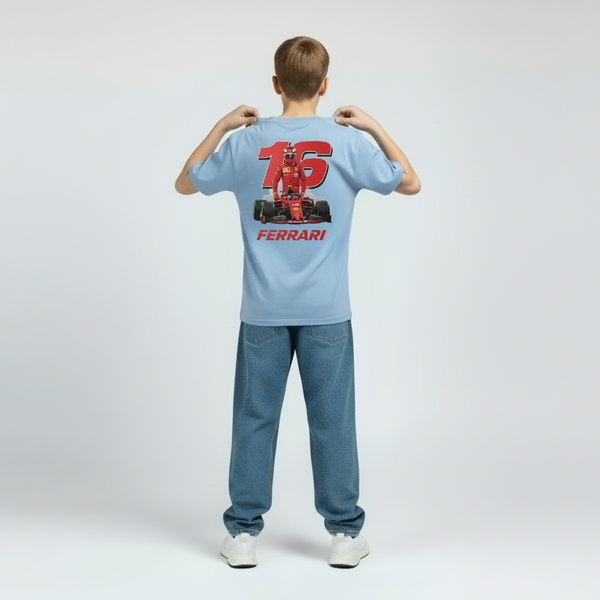 T-shirt enfant bleu GT avec numéro 16 et voiture de F1 imprimés au dos