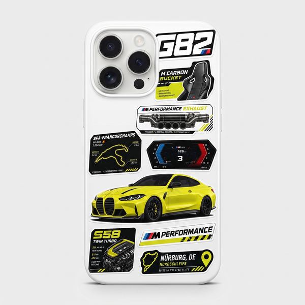 Coque iPhone blanche Tourismo Clothing BMW M4 G82 jaune Sao Paulo racing