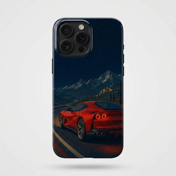 Coque iPhone Ferrari 812 Grand Tour Tourismo Clothing, design automobile premium inspire du V12 sur route de montagne.