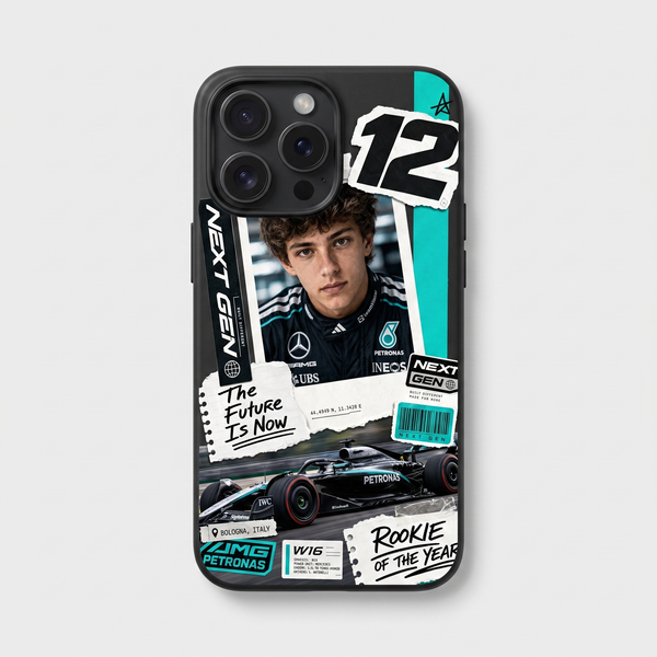 Coque iPhone noire Tourismo Clothing au design collage Kimi Antonelli Mercedes F1