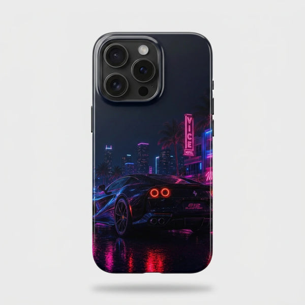 Coque iPhone Ferrari 812 Neon Tourismo Clothing, design automobile premium inspire du V12 sous les neons synthwave.