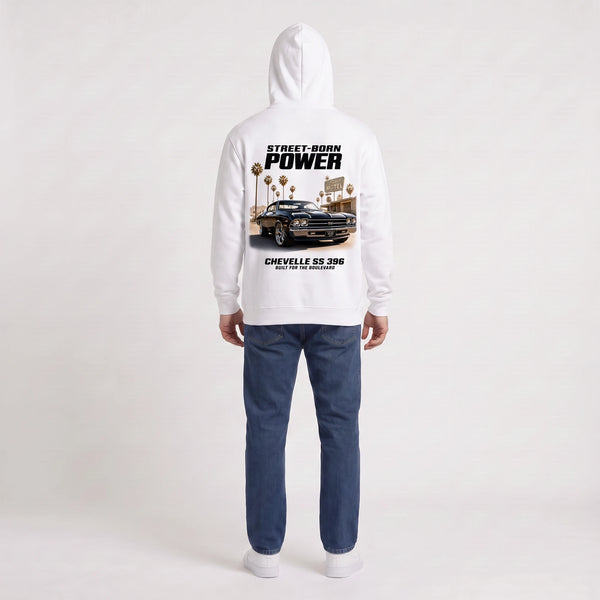 Sweat Chevrolet Chevelle SS 396 Street-Born Power blanc à capuche vu de dos