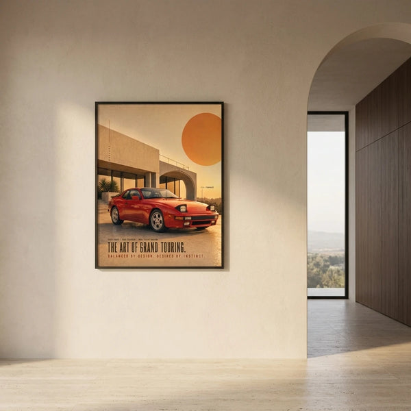 Poster Porsche 944 Grand Touring Tourismo encadré et présenté dans un intérieur contemporain