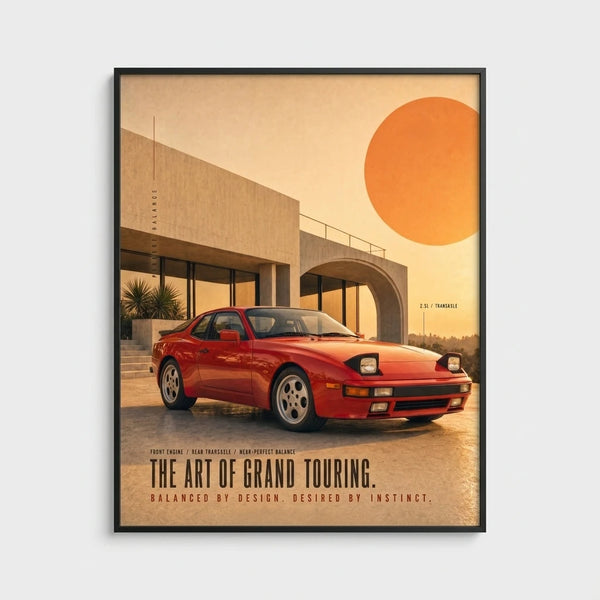 Poster Porsche 944 Grand Touring Tourismo avec coupé rouge et texte The Art of Grand Touring
