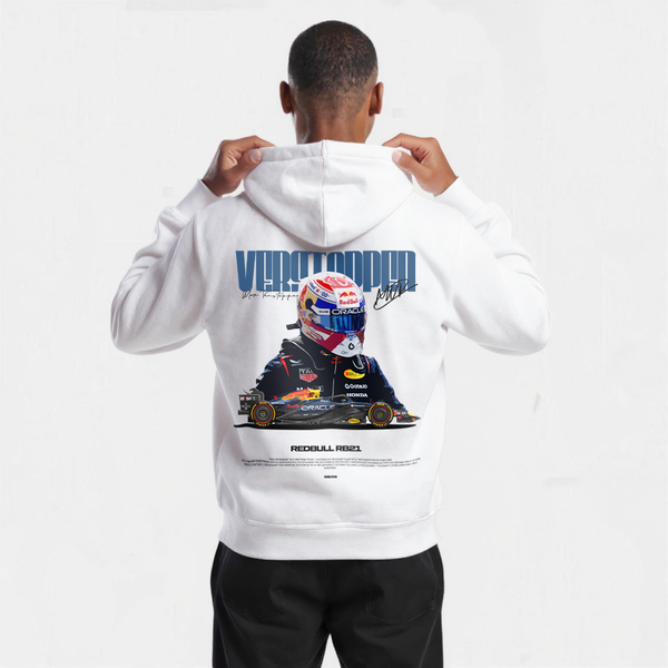 Sweat blanc Max Verstappen Signature avec casque, monoplace RB21 et tagline imprimés dans le dos