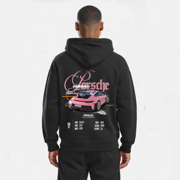 Sweat noir Porsche 992 GT3 RS Performance avec design imprimé dans le dos, tracé Nürburgring et données techniques