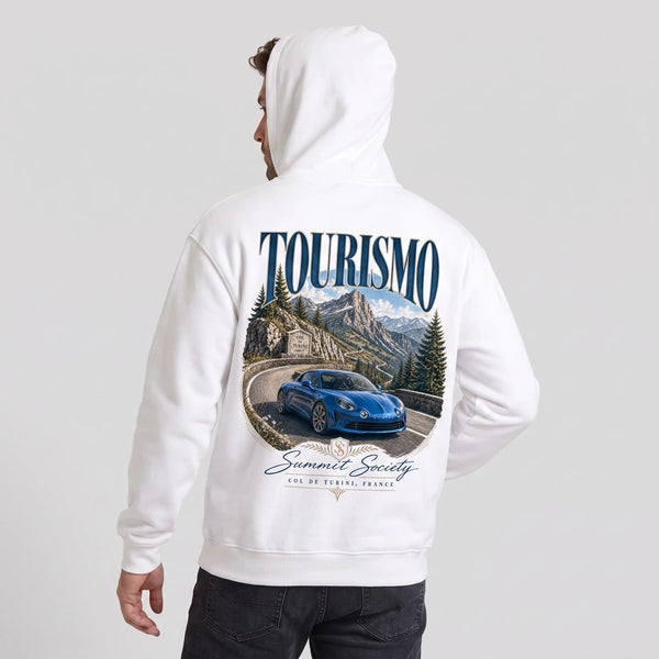 Sweat Alpine A110 Col de Turini blanc à capuche, Alpine A110 bleue vue de dos