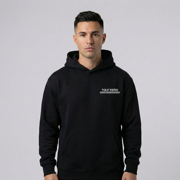 Sweat à capuche BMW M3 G80 noir vue de face avec marquage Tourismo sur la poitrine
