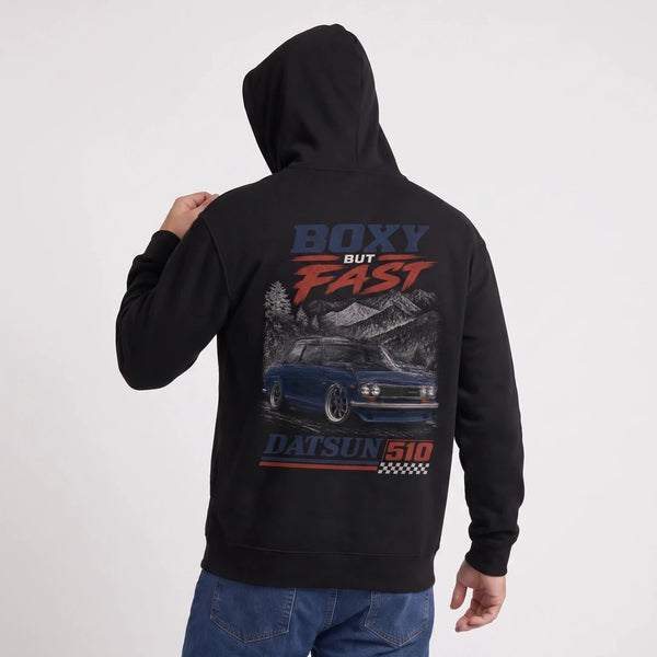 Sweat Datsun 510 noir à capuche, berline japonaise bleu foncé vue de dos