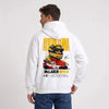 Sweat F1 Ayrton Senna blanc à capuche vu de dos avec design Signature McLaren MP4/4