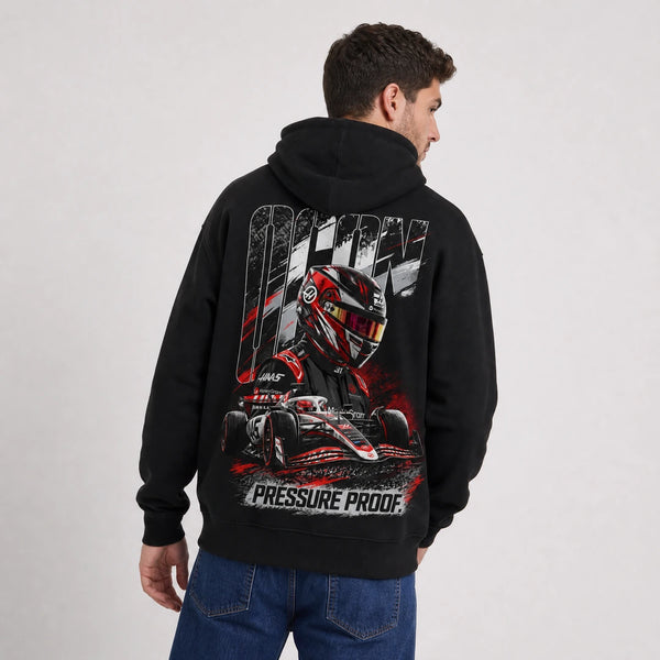 Sweat F1 Esteban Ocon Signature noir à capuche avec pilote et monoplace vus de dos