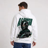 Sweat F1 Fernando Alonso Signature blanc à capuche, pilote et monoplace vus de dos