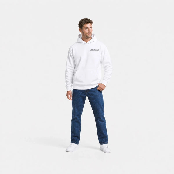 Sweat F1 Fernando Alonso Signature blanc vu de face en plan large avec logo Tourismo