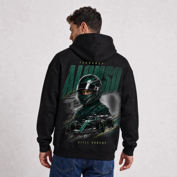 Sweat F1 Fernando Alonso Signature noir à capuche, pilote et monoplace vus de dos