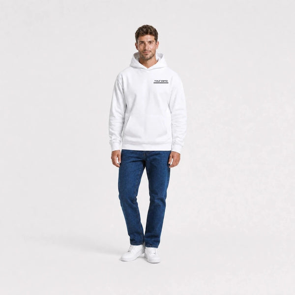 Sweat F1 George Russell Signature blanc vu de face en plan large avec logo Tourismo