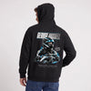 Sweat F1 George Russell Signature noir à capuche, pilote et monoplace vus de dos