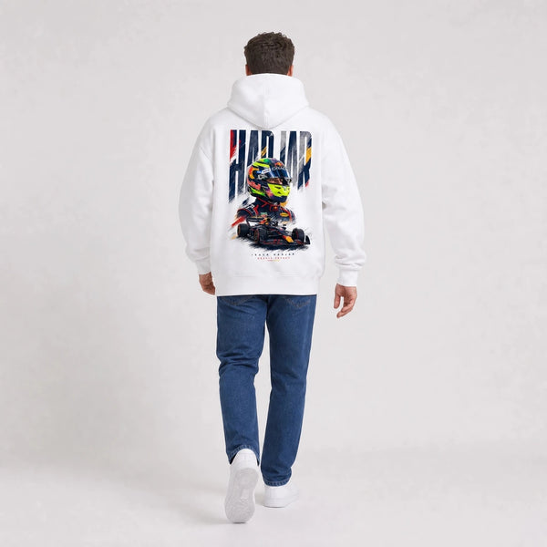 Sweat F1 Isack Hadjar Signature blanc porté de dos en plan large