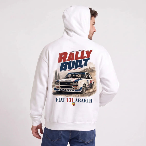 Sweat Fiat 131 Abarth blanc à capuche, voiture de rallye vue de dos