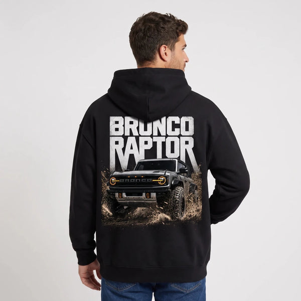 Sweat Ford Bronco Raptor noir à capuche vu de dos avec design Off-Road