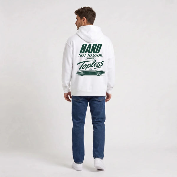 Sweat Jaguar E-Type Topless blanc à capuche vu de dos avec design vert