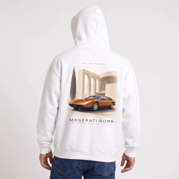 Sweat Maserati Bora Avenir italien blanc à capuche, sportive orange cuivré vue de dos