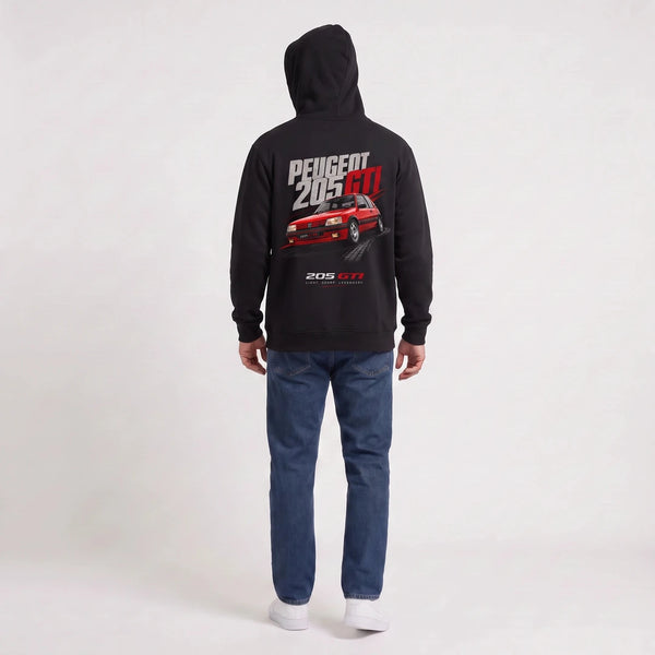 Sweat Peugeot 205 GTI noir porté de dos en plan large