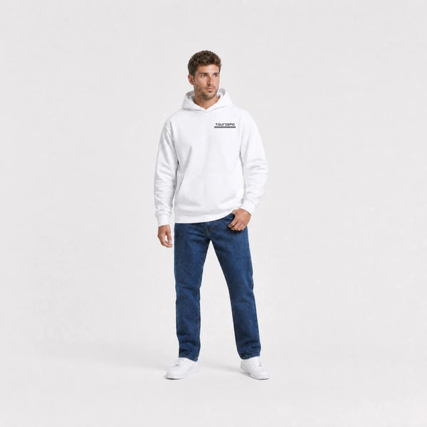 Sweat Tesla Cybertruck Raw Future blanc vu de face en plan large avec logo Tourismo