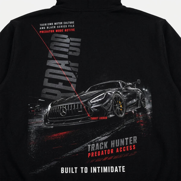 Design Mercedes AMG Predator noir sweat, PREDATOR vertical laser rouge lumineux, flocage haute définition, Tourismo Clothing Junior