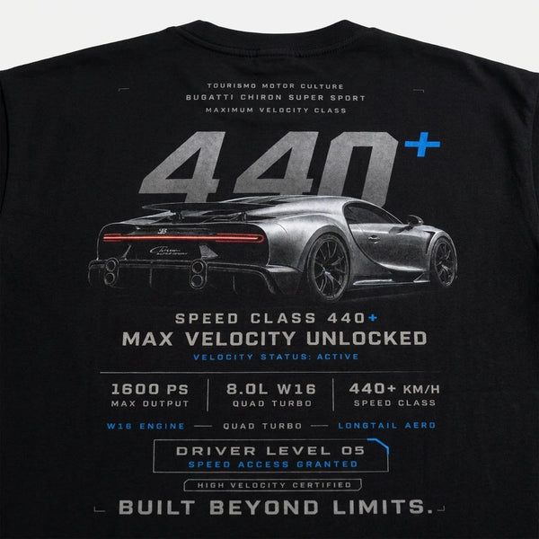 Design Bugatti Chiron 440 noir sweat, 440 plus bleu électrique lumineux, flocage haute définition, Tourismo Clothing Junior
