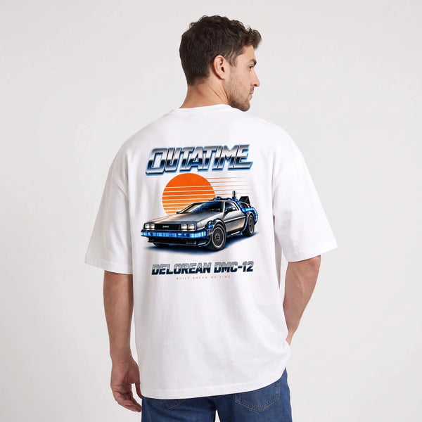 T-shirt Back to the future blanc, DeLorean DMC-12 argentée vue de dos