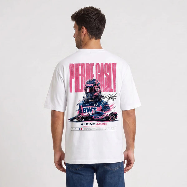 T-shirt F1 Pierre Gasly blanc vu de dos avec design Signature inspiré de l’Alpine A523