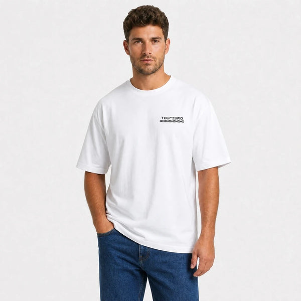 T-shirt Jaguar E Type Topless blanc vu de face en plan rapproché avec logo Tourismo