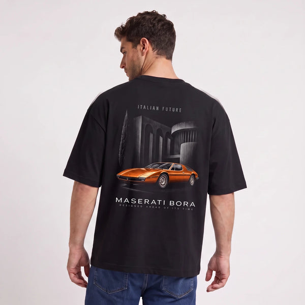 T-shirt Maserati Bora Avenir italien noir vu de dos en plan rapproché