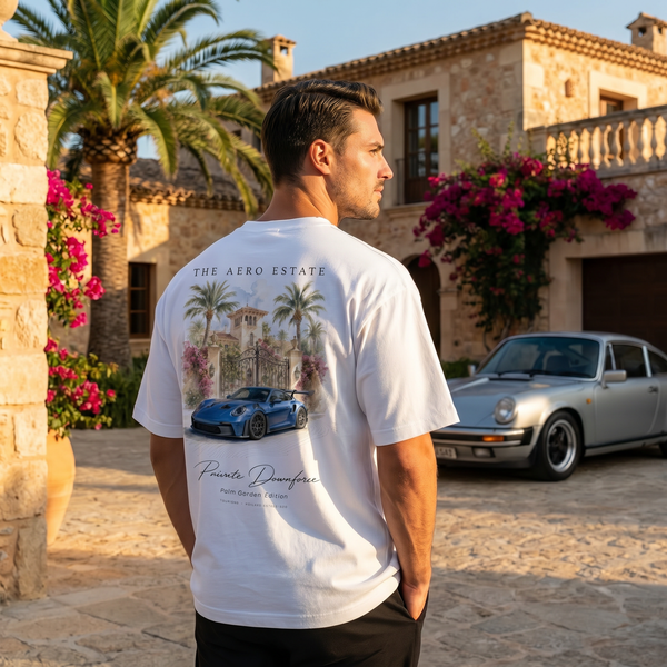 Homme portant le t-shirt blanc Aero Estate 911 GT3 RS devant une villa en pierre avec Porsche classique