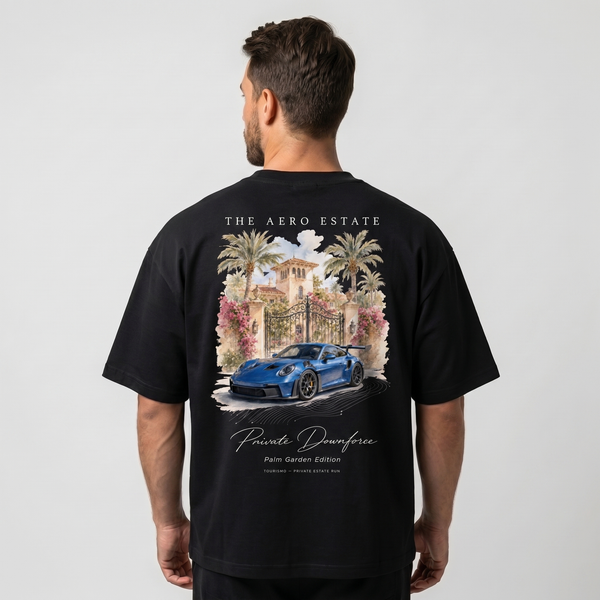 T-shirt noir oversize Aero Estate avec print dos aquarelle 911 GT3 RS et palmiers, Tourismo Clothing