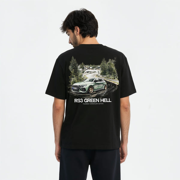 T-shirt Audi RS3 Green Hell noir vu de dos – visuel Nürburgring Green Hell, design Tourismo exclusif
