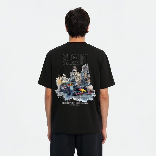 T-shirt F1 MADRING Circuit de Madrid Espagne noir vu de dos – visuel détaillé du circuit et skyline madrilène
