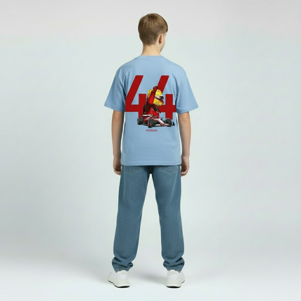 T-shirt bleu enfant avec design Ferrari et numéro 44 dans le dos