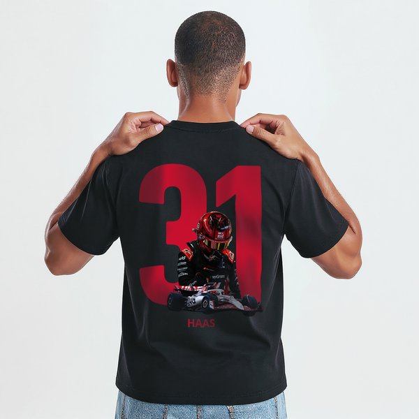 T-shirt noir Esteban Ocon avec design numéro 31 et pilote Haas F1 imprimés dans le dos