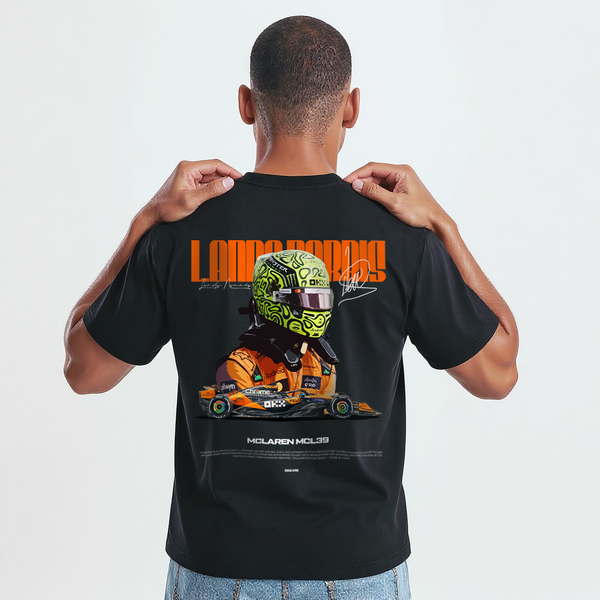 T-shirt noir Lando Norris Signature Edition avec design imprimé dans le dos, casque vert et McLaren MCL39