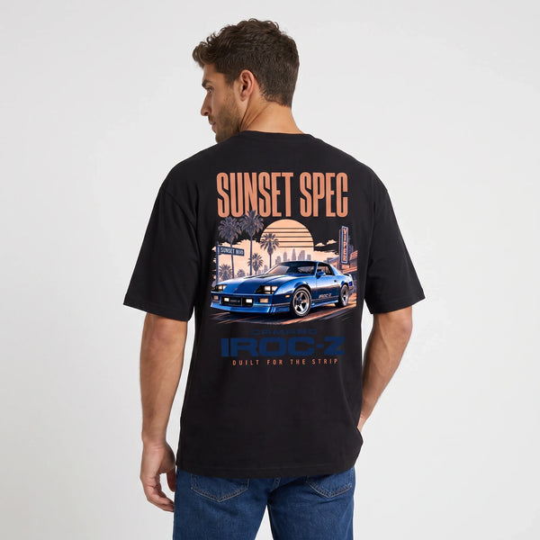T-shirt Chevrolet Camaro IROC-Z Sunset Spec noir porté de dos