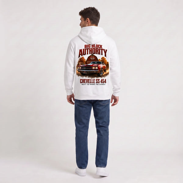 Sweat Chevrolet Chevelle SS 454 Big Block Authority blanc à capuche vu de dos