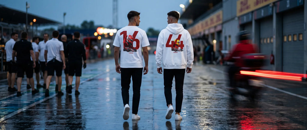 Deux mannequins de dos marchant dans une voie de paddock détrempée au crépuscule, en t-shirt Charles Leclerc 16 et sweat Lewis Hamilton 44