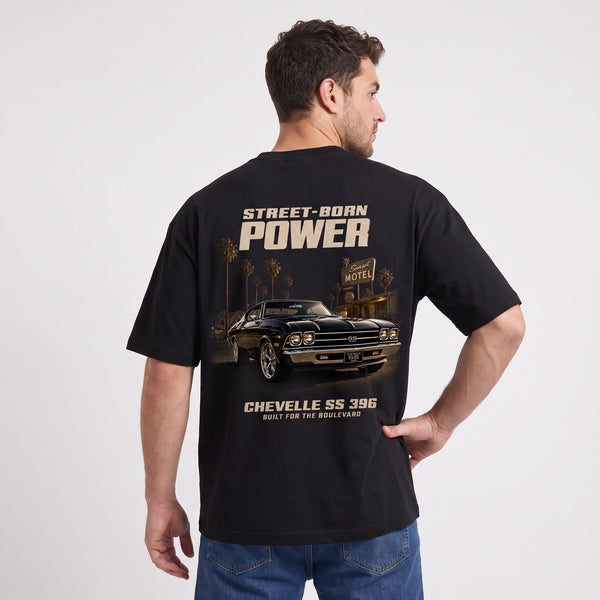 T-shirt Chevrolet Chevelle SS 396 Street-Born Power noir porté de dos