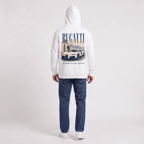 Sweat Bugatti Chiron Super Sport blanc à capuche vu de dos