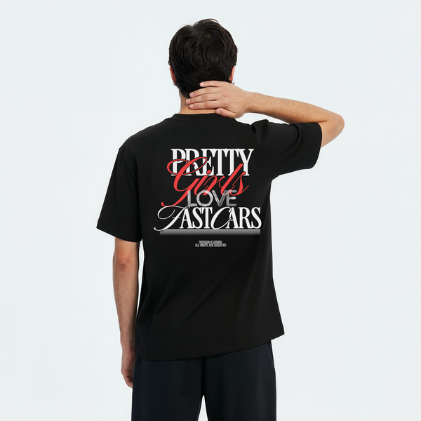 T-shirt noir Pretty Girl Love Fast Cars – imprimé statement au dos