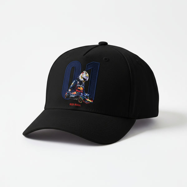 Vue profil de la casquette Verstappen avec numéro 01 et Red Bull