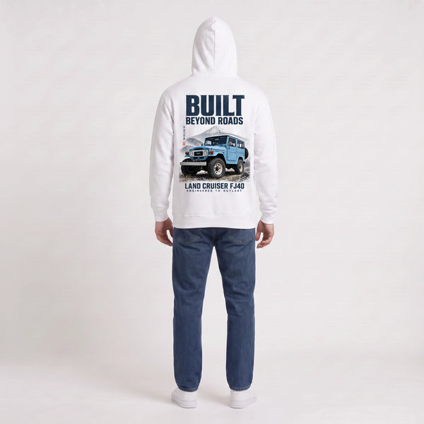 Sweat Toyota Land Cruiser FJ40 Built Beyond Roads blanc à capuche vu de dos